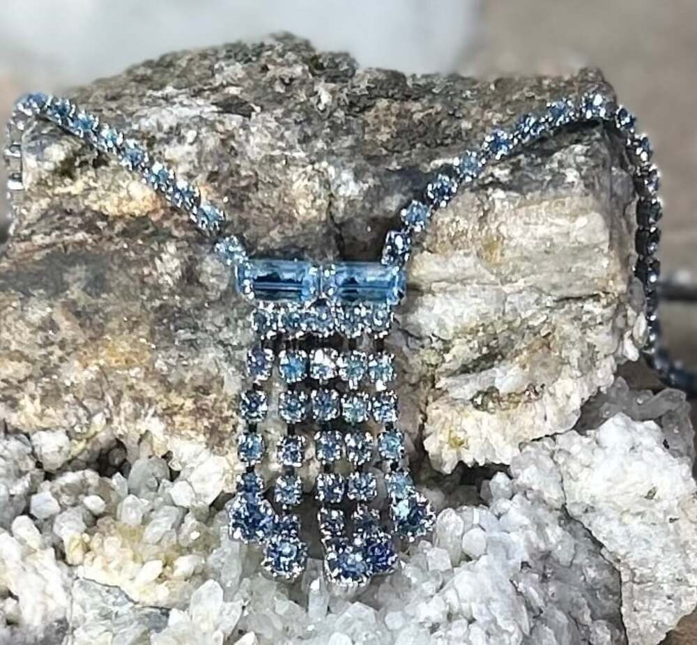 Sky Blue Tassels Rhinestone Choker necklace silver tone base metal